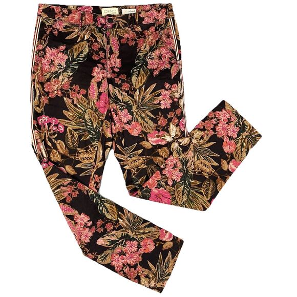 Anthropologie Black Pink Floral Tuxedo Stripe Relaxed Fit Chino Pants Women 30 - Picture 1 of 7